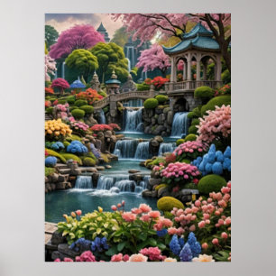 Kleurrijke bloementuin met watervallen poster