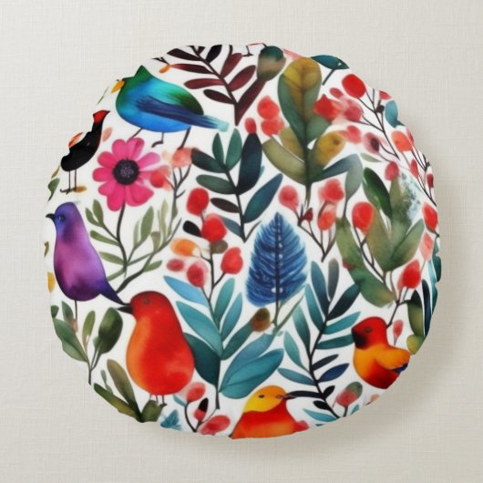 Kleurrijke bloemenvogels rond kussen (Voorkant)