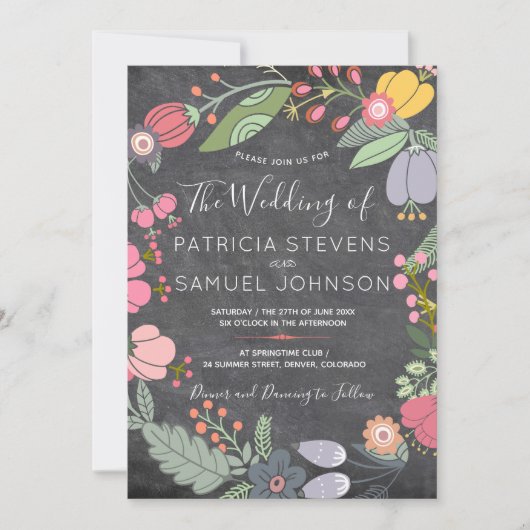 Kleurrijke bloemenweide krans krijtbord bruiloft kaart (Voorkant)