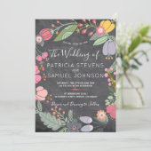 Kleurrijke bloemenweide krans krijtbord bruiloft kaart (Staand voorkant)