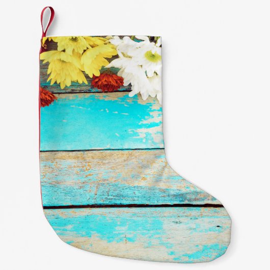 Kleurrijke bloemetjes,  houten rand. kleine kerstsok (Voorkant)