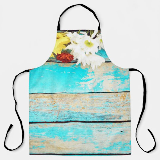 Kleurrijke bloemetjes,  houten rand. schort (Voorkant)