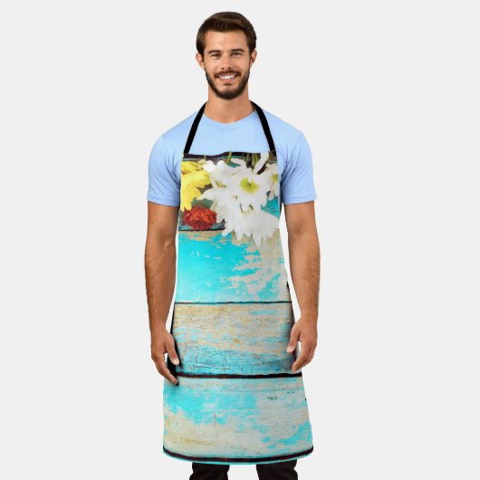 Kleurrijke bloemetjes,  houten rand. schort (Gedragen)