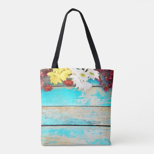 Kleurrijke bloemetjes,  houten rand. tote bag (Achterkant)