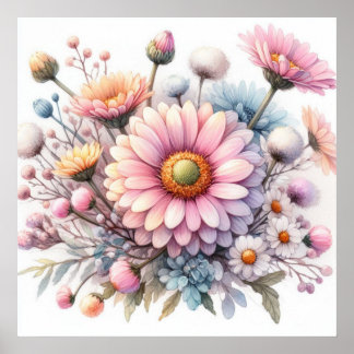 Kleurrijke bloemetjes in zachte pastelkleuren wate poster