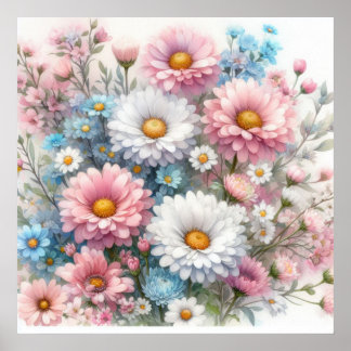 Kleurrijke bloemetjes in zachte pastelkleuren wate poster