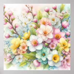 Kleurrijke bloemetjes in zachte pastelkleuren wate poster