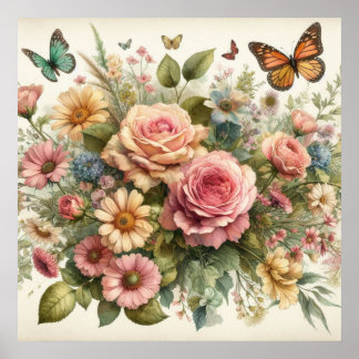 Kleurrijke bloemetjes in zachte pastelkleuren wate poster