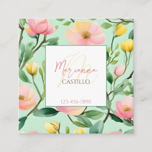 Kleurrijke bloemetjes roze groene sjabloon qr vierkante visitekaartje (Voorkant)