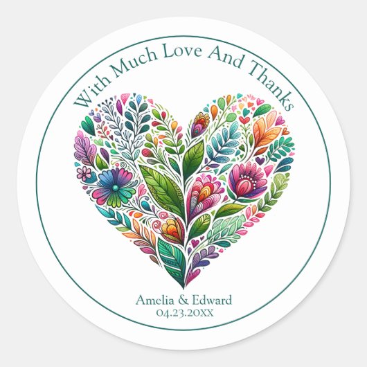 Kleurrijke bloemhart "Dank je wel" favorietje Ronde Sticker (Voorkant)