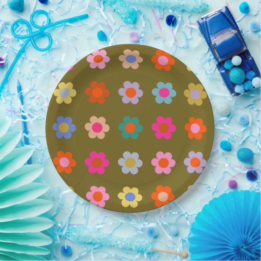 kleurrijke bloemige Abstracte retro bloemen Papieren Bordje (Feest)