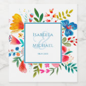 Kleurrijke Bloemige Aquarel Bruiloft Wijn Etiket (Enkel label)