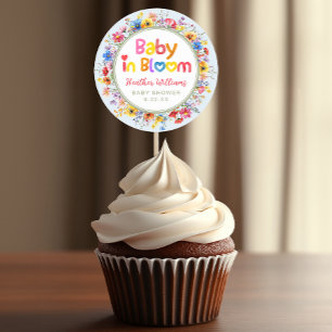Kleurrijke bloemige 'Baby in Bloom' baby shower fa Ronde Sticker