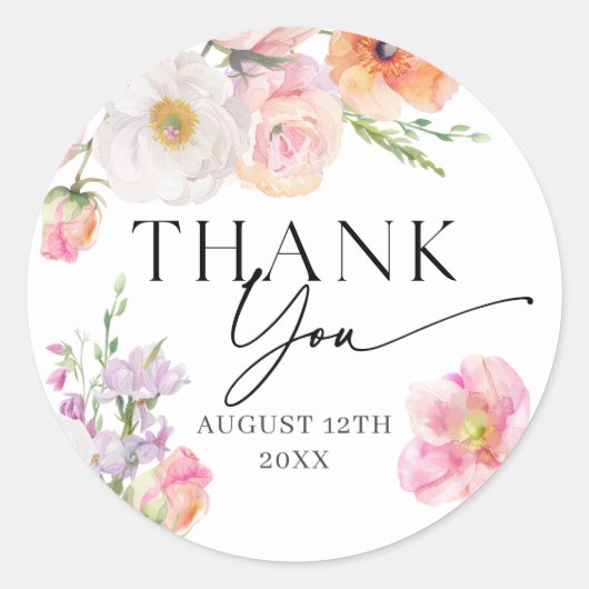 Kleurrijke bloemige bedankjes ronde sticker (Voorkant)