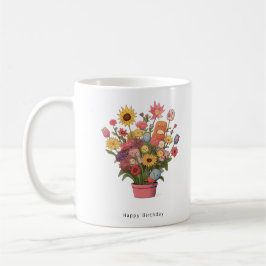 Kleurrijke bloemige bloemen, verjaardagsboeket,  koffiemok