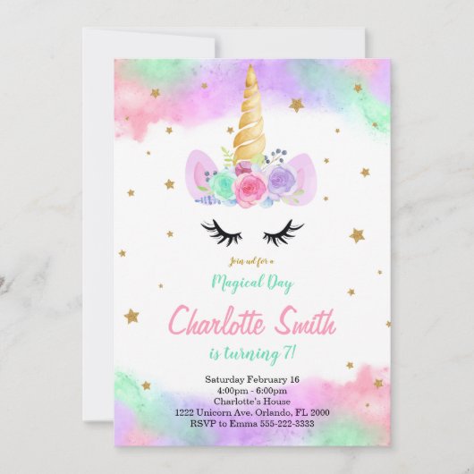 Kleurrijke Bloemige Eenhoorn Uitnodiging (Voorkant)