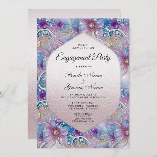 Kleurrijke Bloemige Parelmoeren Verlovingsuitnodig Kaart (Voorkant / Achterkant)