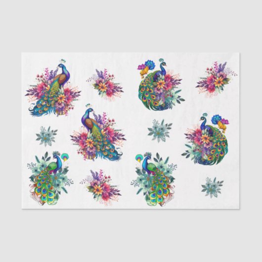 Kleurrijke Bloemige Pauw Decoupage Tissuepapier (Voorkant)