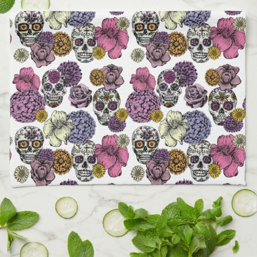 Kleurrijke bloemige suikerschedels Mexicaans Theedoek (Gevouwen)