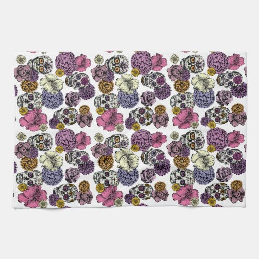 Kleurrijke bloemige suikerschedels Mexicaans Theedoek (Horizontaal)