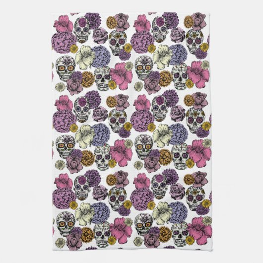 Kleurrijke bloemige suikerschedels Mexicaans Theedoek (Verticaal)