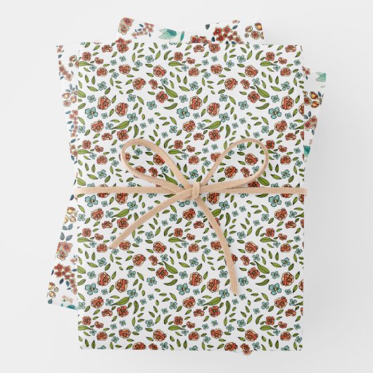  kleurrijke bloemige vogelpatroon kerst inpakpapier vel (In situ)