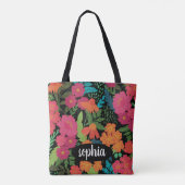 Kleurrijke bloemige zwarte monogramnaam tote bag (Achterkant)