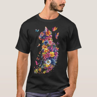 Kleurrijke bloemkat – Watercolor Vlinder Kunst T-shirt