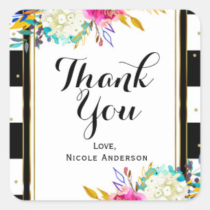 Kleurrijke Bloemmotief in Zwart Wit Strepen Vierkante Sticker