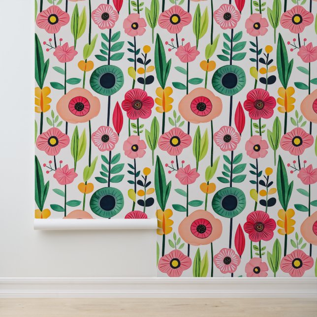 Kleurrijke Bloempatroon Waterverf Behang (Applicatie)