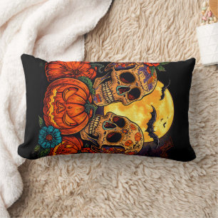 Kleurrijke bloemrijke Calavera-schedel, Halloween Kussen