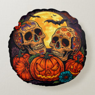 Kleurrijke bloemrijke Calavera-schedel, Halloween Rond Kussen