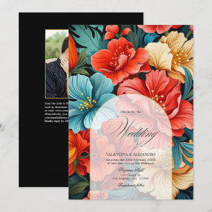 Kleurrijke Bloemrijke Fiesta Bruiloftsfoto en QR-c Kaart