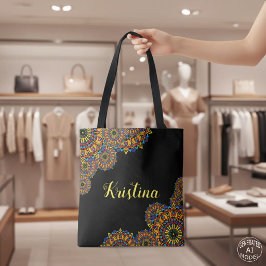 Kleurrijke Bloemrijke Mandala Naam in Vet Zwart Tote Bag