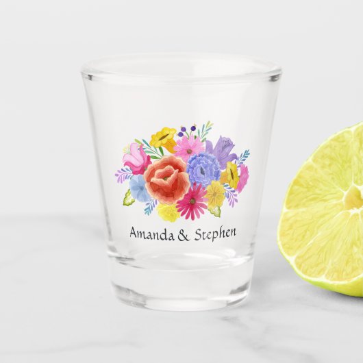 Kleurrijke Bloemrijke Mexicaanse Fiesta Bruiloft Shot Glas (Voorkant)