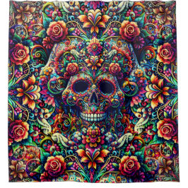 Kleurrijke Bloemrijke Super Suiker Schedel Douchegordijn