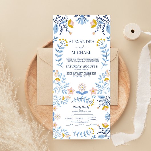 Kleurrijke bloemrijke volks kunst bruiloft all in one uitnodiging