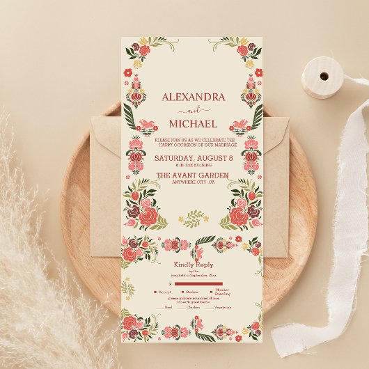 Kleurrijke bloemrijke volks kunst bruiloft all in one uitnodiging