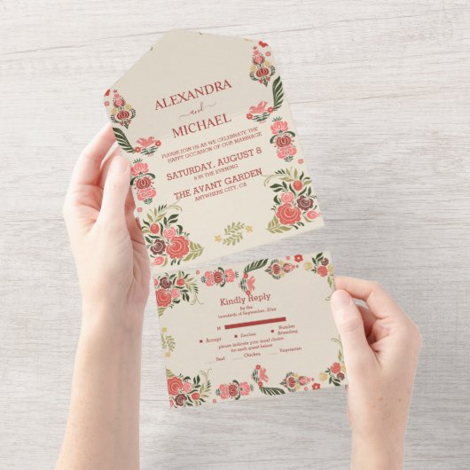 Kleurrijke bloemrijke volkskunst bruiloft all in one uitnodiging (Afscheurbaar)