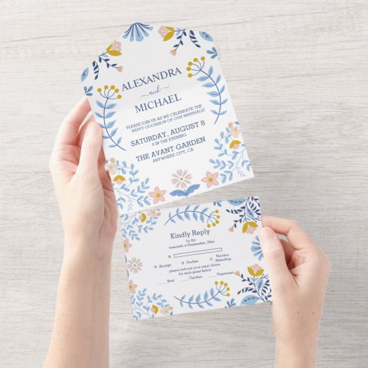 Kleurrijke bloemrijke volkskunst bruiloft all in one uitnodiging (Afscheurbaar)