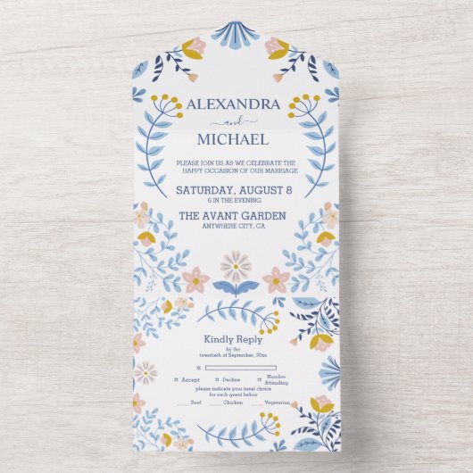 Kleurrijke bloemrijke volkskunst bruiloft all in one uitnodiging (Binnen)