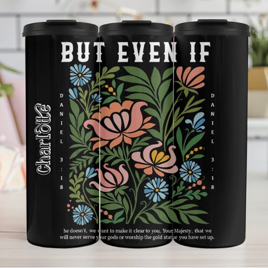 Kleurrijke bloemschikking Daniel 3:18 Bijbeltekst Thermosbeker