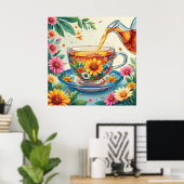 Kleurrijke bloemtheekop met kruidenthee poster (Thuiskantoor)