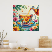 Kleurrijke bloemtheekop met kruidenthee poster (Keuken)