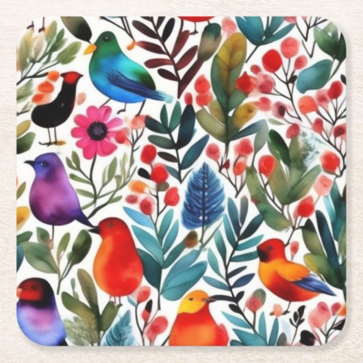 Kleurrijke bloemvogels kartonnen onderzetters (Voorkant)