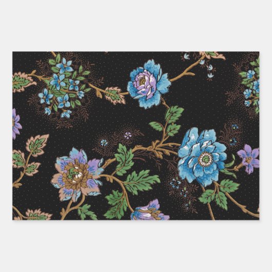 Kleurrijke bloemzwart, witte & blauwe achtergrond inpakpapier vel (Voorkant 3)