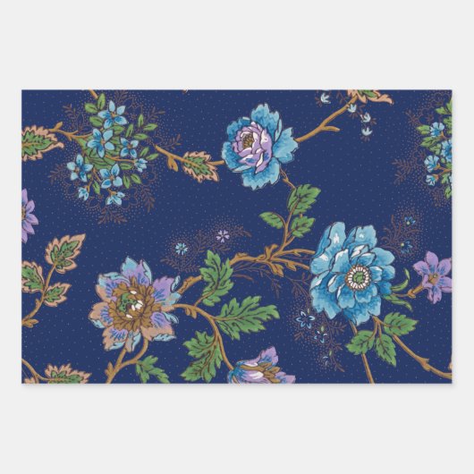 Kleurrijke bloemzwart, witte & blauwe achtergrond inpakpapier vel (Voorkant)