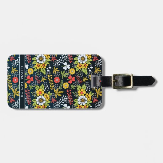 Kleurrijke bloesem-gepersonaliseerde naam bagagelabel (Voorkant horizontaal)