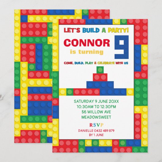 Kleurrijke Blokken 9e Verjaardag Party Building Bl Kaart (Voorkant / Achterkant)