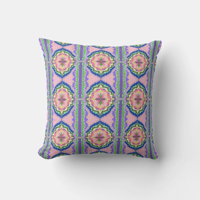 Kleurrijke Bloom Kaleidoscoop: Roze & Smaragd Mand Kussen (Voorkant)